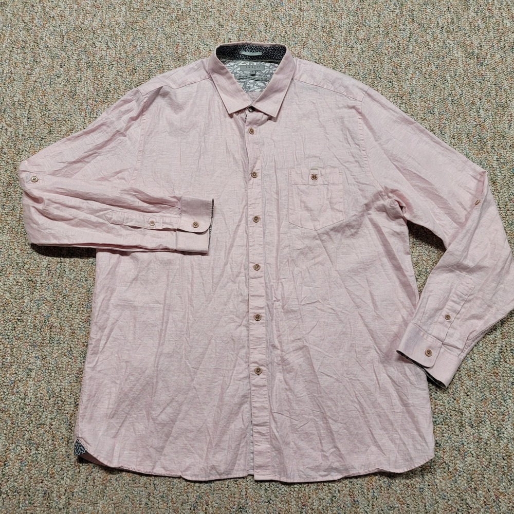 Ted Baker London Linen Blend Shirt Mens 7 Pink Long Sleeve Button Down